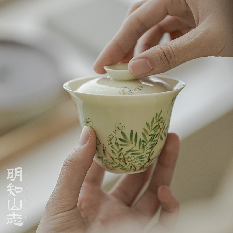 明知山志 果青暮云春树归栀盖碗手绘陶瓷盖碗文人器功夫茶具茶碗