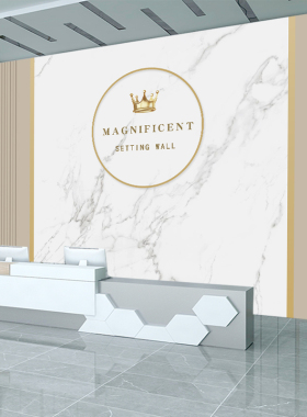 公司前台背景墙壁纸大理石墙布美容院壁画3d网红直播间墙纸logo