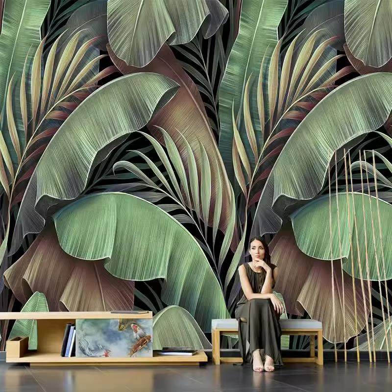东南亚芭蕉叶墙纸田园背景墙布热带雨林壁纸森林绿植餐厅酒店壁布