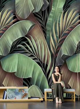 东南亚芭蕉叶墙纸田园背景墙布热带雨林壁纸森林绿植餐厅酒店壁布