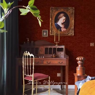 美式复古暗红色壁纸法式轻奢墙纸直播间剧本杀墙布电视背景墙壁纸