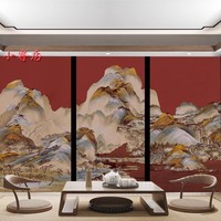 中式故宮紅墻紙江山如畫別墅壁布