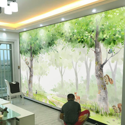 餐厅3d壁布壁画电视背景墙客厅卧室墙纸网红大气森林2024新款墙布