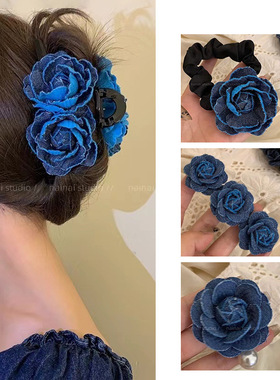 蓝色妖姬花朵发饰女ins复古法式风山茶花发饰抓夹发圈花朵头饰潮