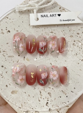 【霓虹迷秋】纯手工穿戴甲新款冬季显白裸色手绘花美甲贴片nails