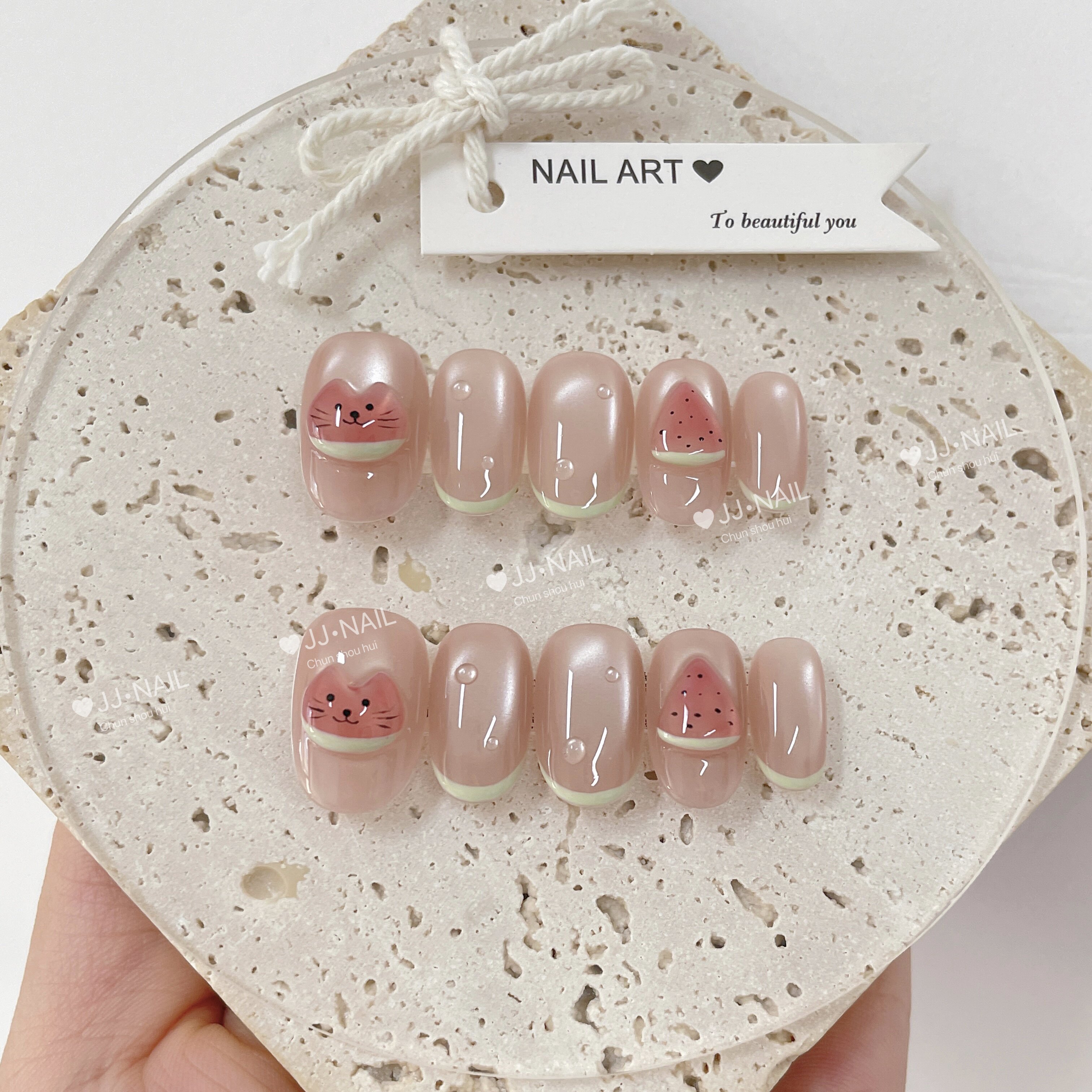 甜喵可爱西瓜猫咪粉色穿戴甲