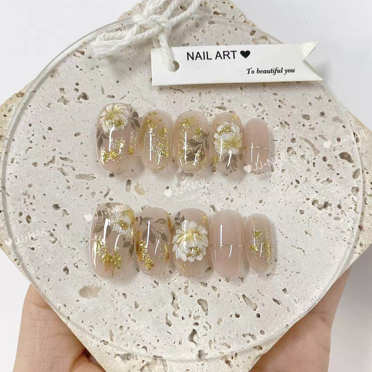 金陵牡丹法式金箔花中长穿戴甲