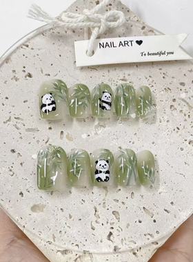 【雅竹】可爱熊猫绿色穿戴甲成品手工可剥底胶美甲贴片