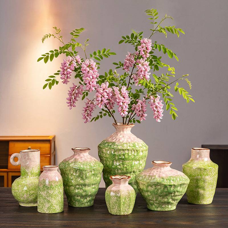 手绘陶瓷花瓶宽口彩釉插花器家居