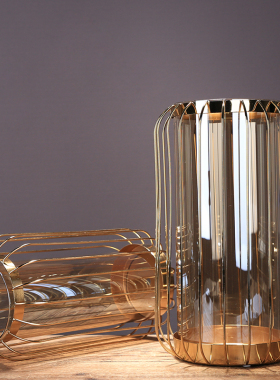 欧式样板房摆件轻奢风样品房金A属花瓶样板间玻璃装饰品电视柜摆