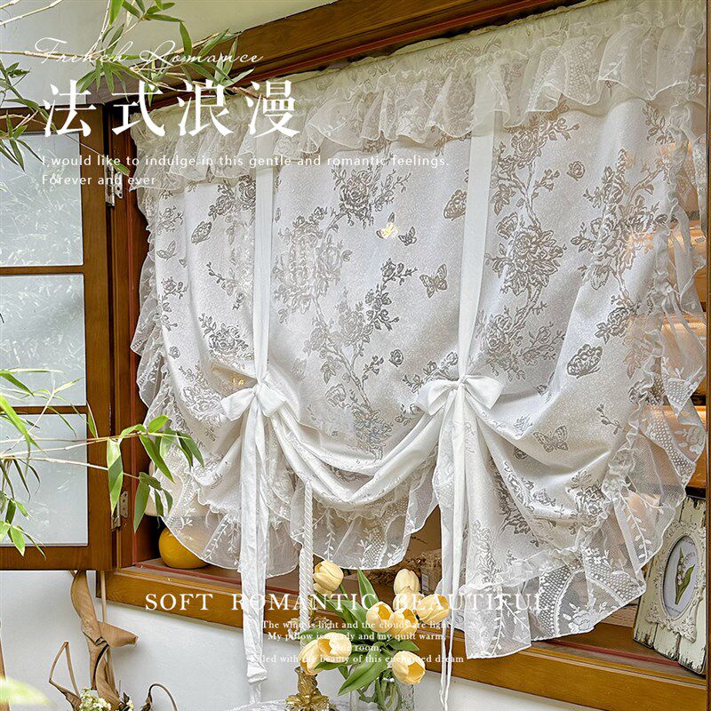 法式美式白色蕾丝提拉帘罗马x升降帘窗帘隔断厨房纱帘短帘半帘门
