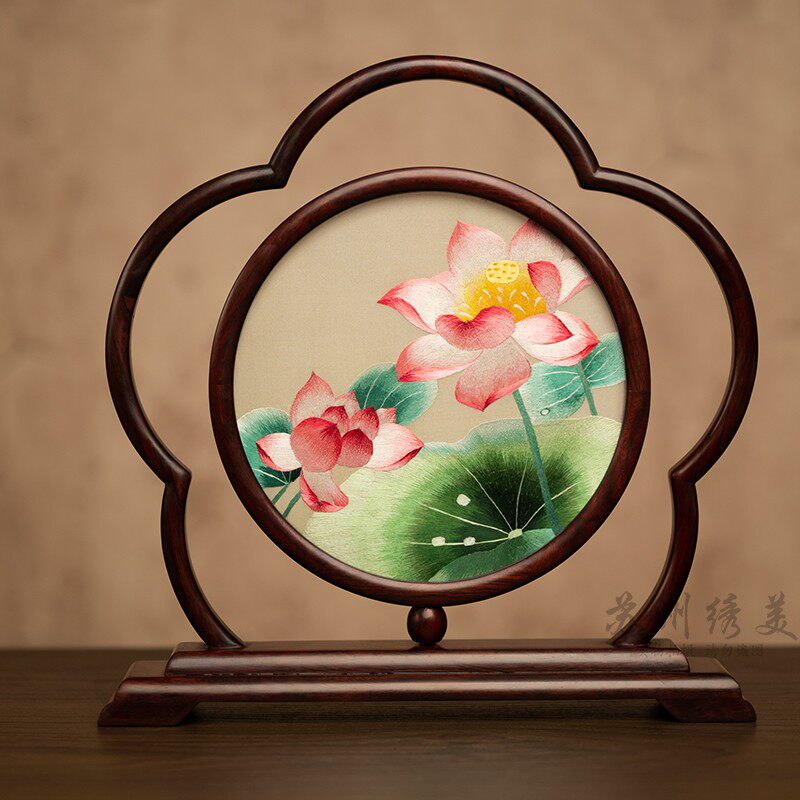 苏绣摆件中式桌面装饰台屏高档A国风客厅玄关双面刺绣摆台特色礼