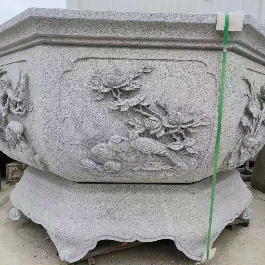 青石仿古石雕花盆鱼缸