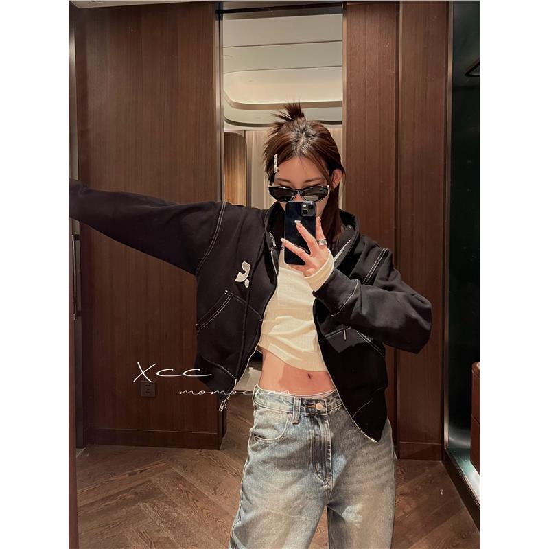 韩国潮牌restandrecreation抽绳连帽l拉链口袋宽松外套开衫卫衣女