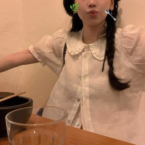 uungchuuu 25SS 小白花 双层假两件100苎麻短袖衬衫上衣