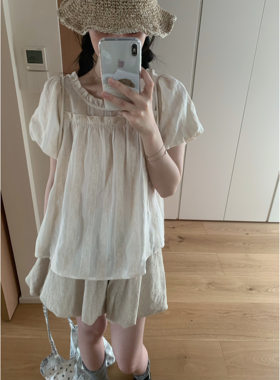 uungchuuu 26SS 亚麻天丝条纹提花花苞短袖上衣