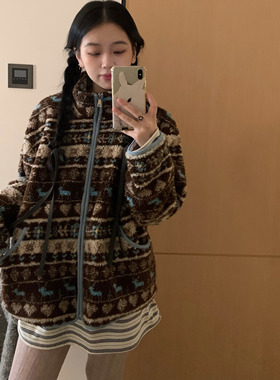 uungchuuu 25FW 蓝色小鹿 费尔岛羊羔摇粒绒外套秋冬