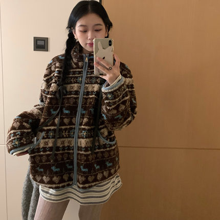 uungchuuu 25FW 蓝色小鹿 费尔岛羊羔摇粒绒外套秋冬