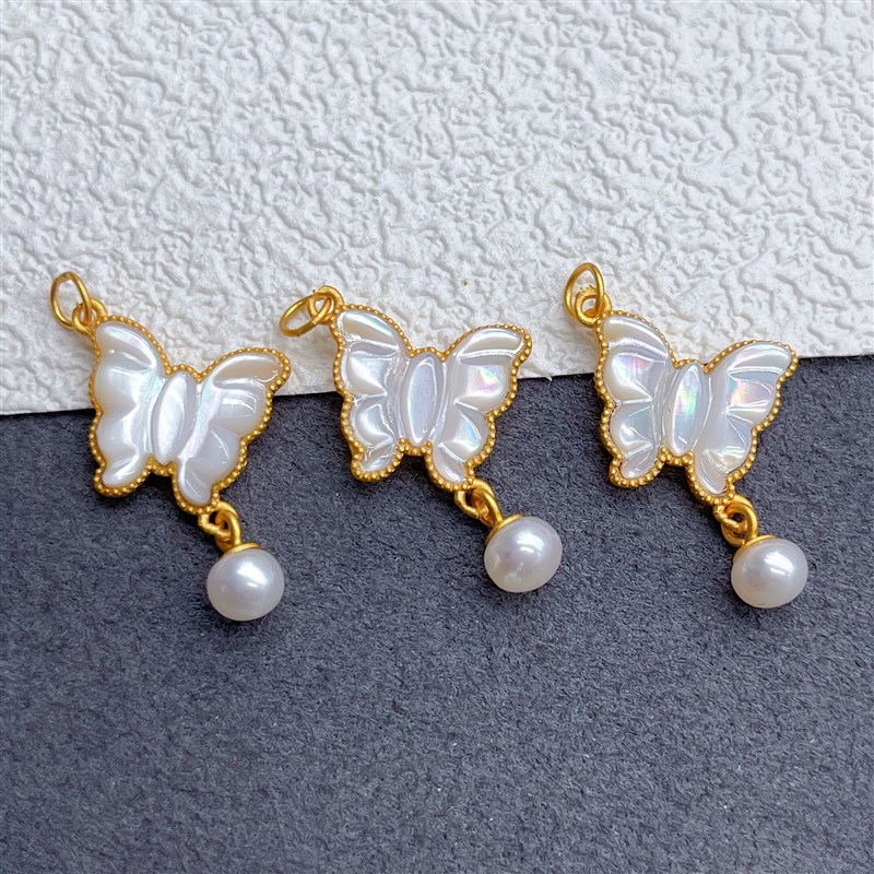 现货速发古法银镀金配件镶嵌珍珠贝白贝母蝴蝶吊坠手工串珠编绳