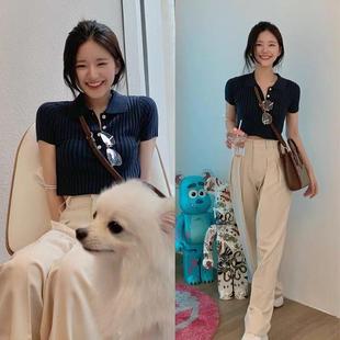 夏季 针织坑条性感修身 官方旗舰店赵露思同款 新品 polo开衫 立领短袖