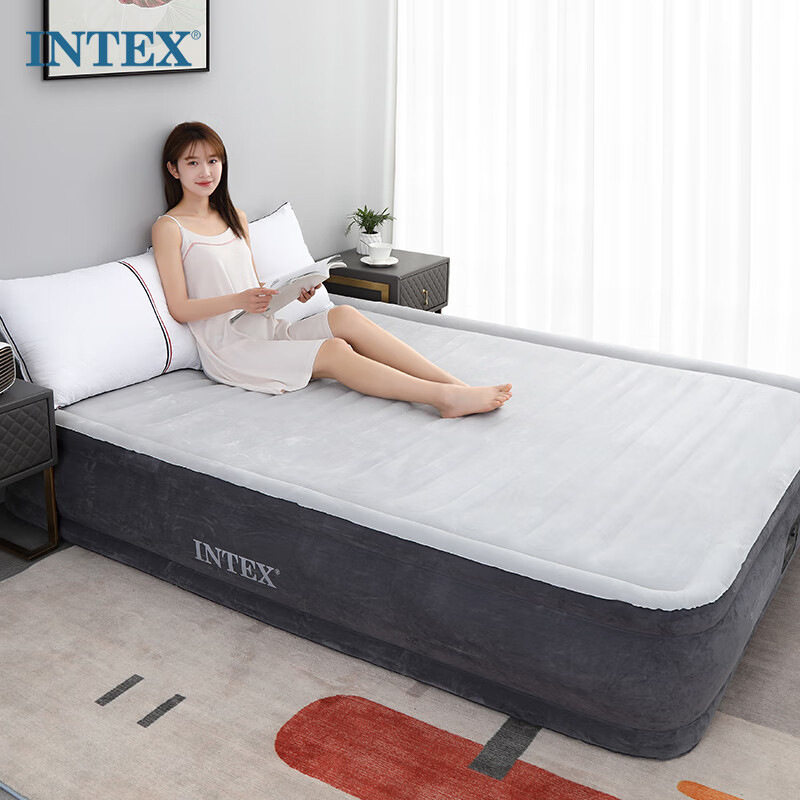 INTEX 豪华升级版内置电泵自动充气单双三人线拉充气床 条纹植绒