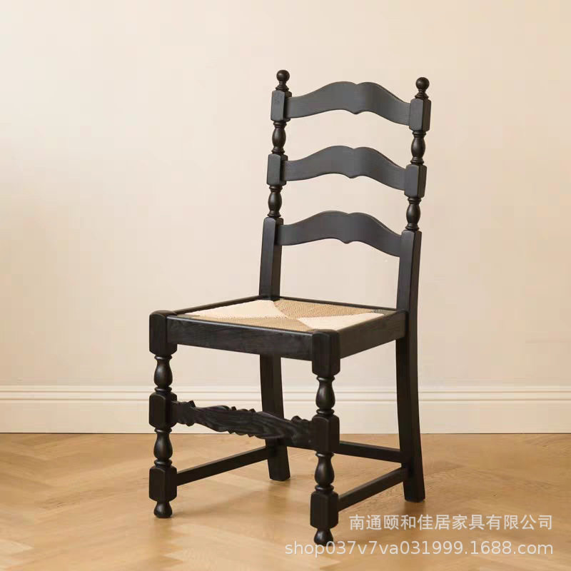 法式复古实木牛皮绳靠背休闲椅