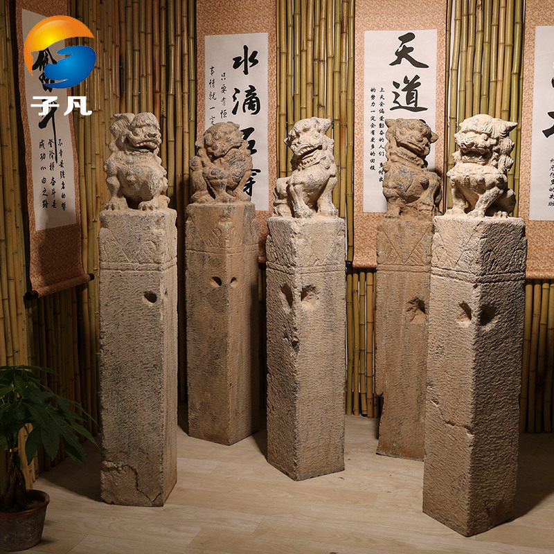 中式仿古青石石狮子拴马桩摆件