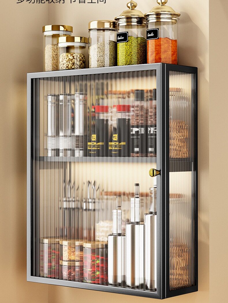 S588厨房壁挂式置物柜免打孔家用防尘带门调料调味品置物架挂墙收