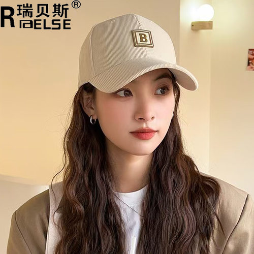 帽子女韩版秋冬灯芯绒B字母棒球帽男女潮牌百搭保暖显脸小鸭舌帽