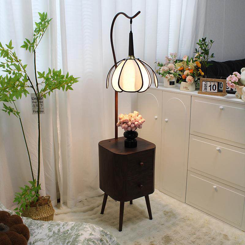 法式田园中古风卧室床头柜落地灯带灯客厅沙发旁边台灯置物架一体