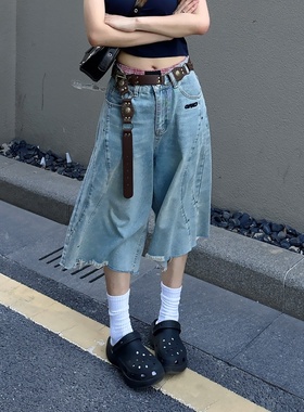 美式休闲复古水洗波纹高级感牛仔裤女毛边直筒宽松七分裤高腰短裤