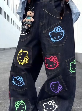 美式水洗重磅设计刺绣hellokitty多口袋直筒牛仔裤女宽松阔腿长裤