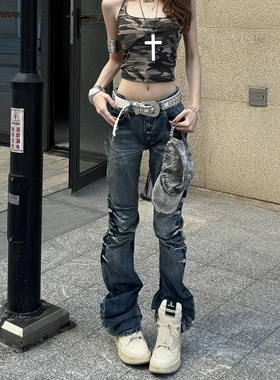 美式复古猫爪纹牛仔裤女高街辣妹设计感弯刀裤百搭显瘦拖地长裤潮