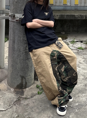 美式复古卡其色拼接工装牛仔裤女cleanfit宽松阔腿直筒街头风长裤
