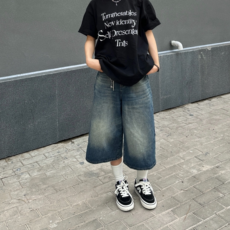 美式复古做旧蓝色牛仔七分裤女春夏季松弛感宽松阔腿百搭垂感短裤