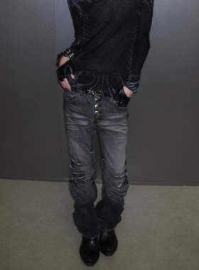 美式小众设计感排扣弯刀牛仔裤女潮牌街头亚比修身显瘦拖地长裤子