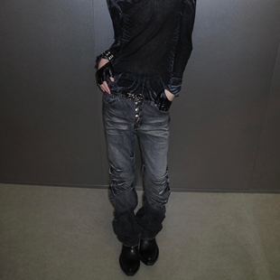 美式小众设计感排扣弯刀牛仔裤女潮牌街头亚比修身显瘦拖地长裤子