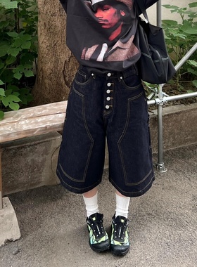 2025新款春夏季水洗蓝黑色七分牛仔裤女美式宽松百搭阔腿工装短裤