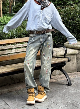 美式日常休闲泼墨彩虹色涂鸦设计感牛仔裤男女小众修身直筒长裤子