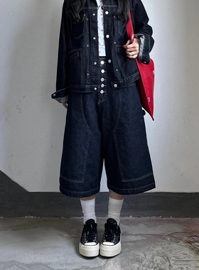 2025美式复古黑色解构工装七分牛仔裤女夏季百搭休闲宽松阔腿中裤