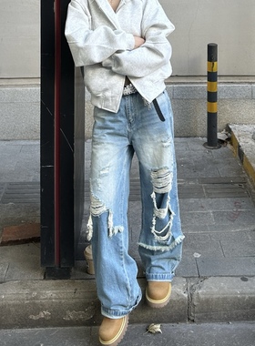 美式复古水洗设计感假两件破洞牛仔裤女秋冬街头辣妹宽松直筒长裤