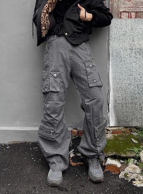 美式小众水洗多口袋工装牛仔裤女潮牌复古百搭休闲宽松直筒长裤子