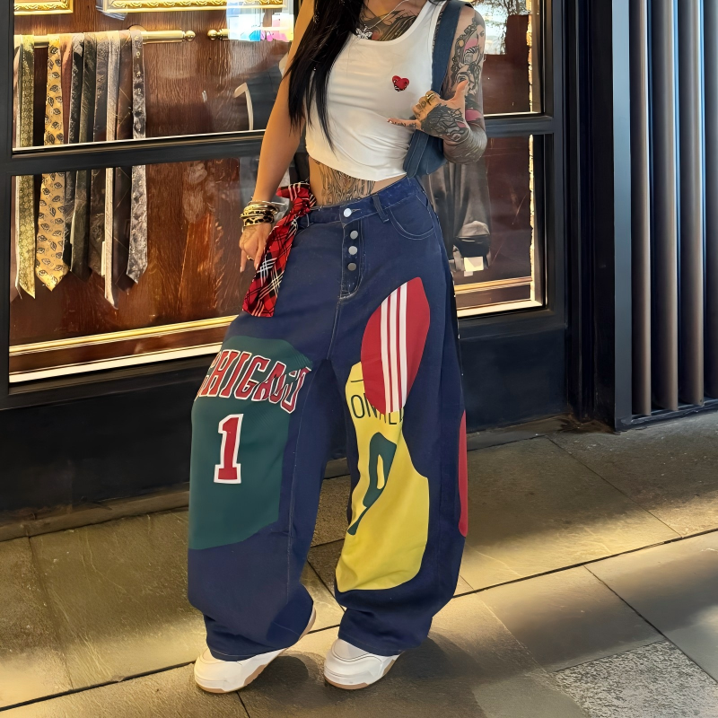 美式复古潮流个性贴布印花阔腿牛仔裤女辣妹宽松bf慵懒风拖地裤子