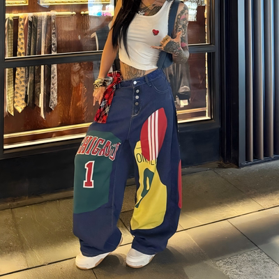 复古潮流个性贴布印花阔腿牛仔裤