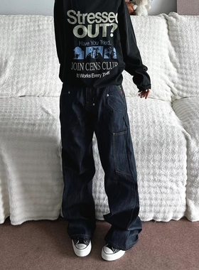 美式cleanfit复古刺绣工装牛仔裤女小众新款宽松显瘦阔腿直筒长裤