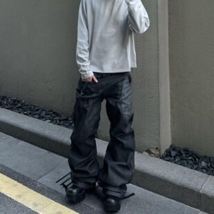 美式潮牌设计感拼接双腰头弯刀牛仔裤女小众复古宽松阔腿堆积感裤