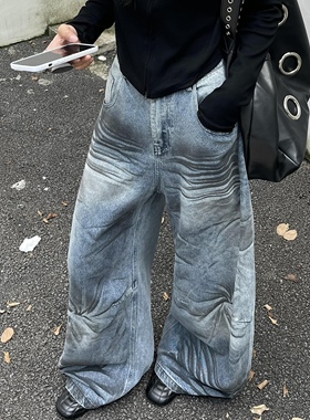 美式复古抹脏猫抓纹做旧水洗弯刀牛仔裤女街头宽松百搭直筒裤子潮