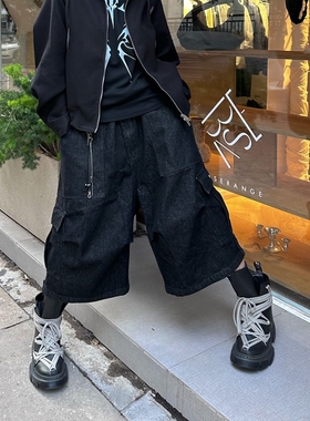 美式高街复古水洗大口袋阔腿七分牛仔裤女夏季潮牌百搭宽松短裤子