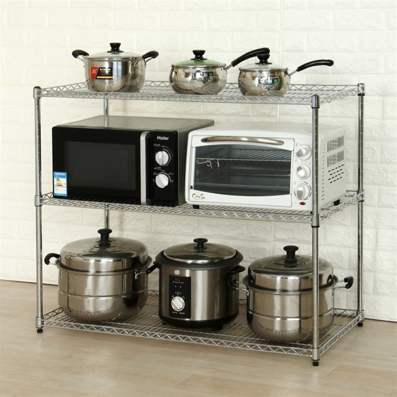 厨房置物架三层微波炉架不锈钢色锅架多层金属P落地储物收纳蔬菜
