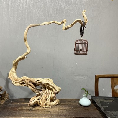 风化枯木摆件杜鹃根艺崖柏树x根雕蝈蝈笼鸟笼挂架客厅玄关装饰品